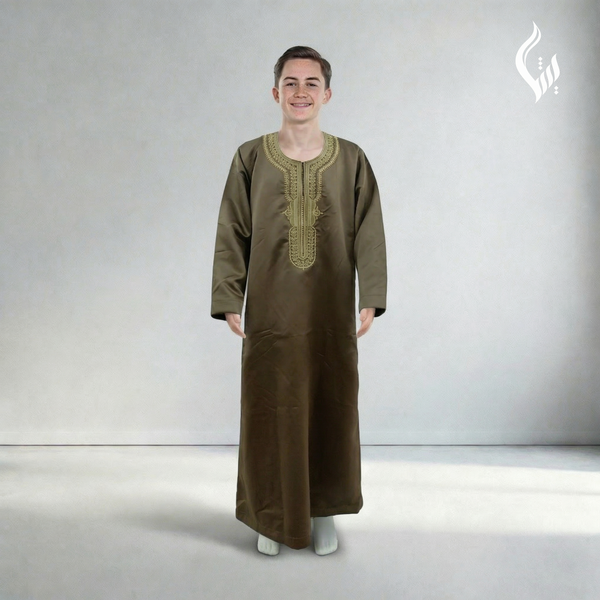 Moroccan Full Sleeve Thobe for Kids - Light Embroidery Eid Wear-thumbmail-5