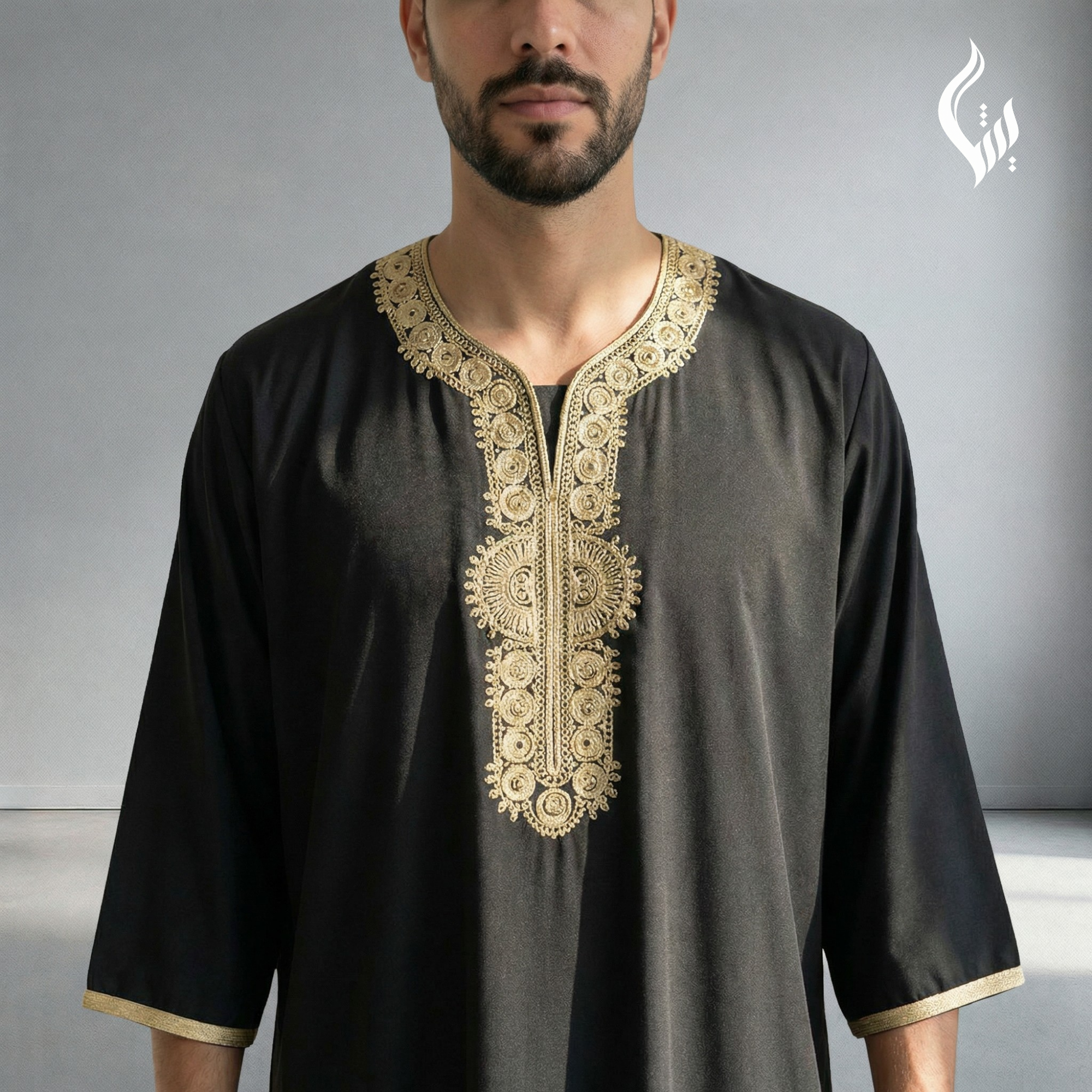 Moroccan Thobe with Heavy Embroidery – 3/4 Sleeve Eid & Formal Wear-thumbmail-2