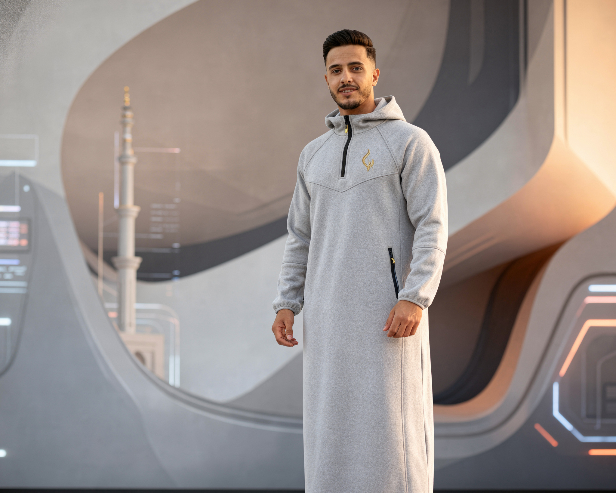 Man wearing a gray tech fleece thobe in a futuristic setting
